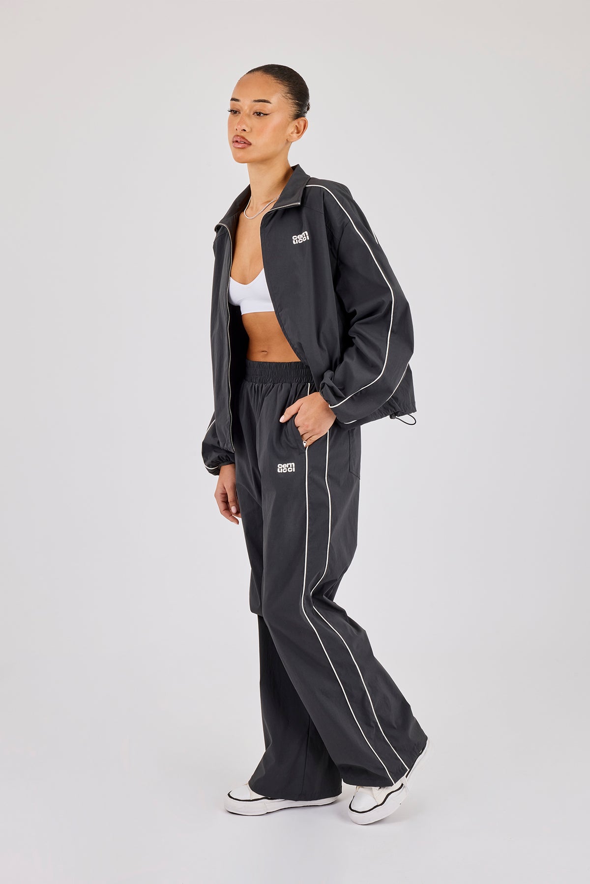 Nylon Piping Track Jacket & Wide Leg Track Pant - Charcoal 