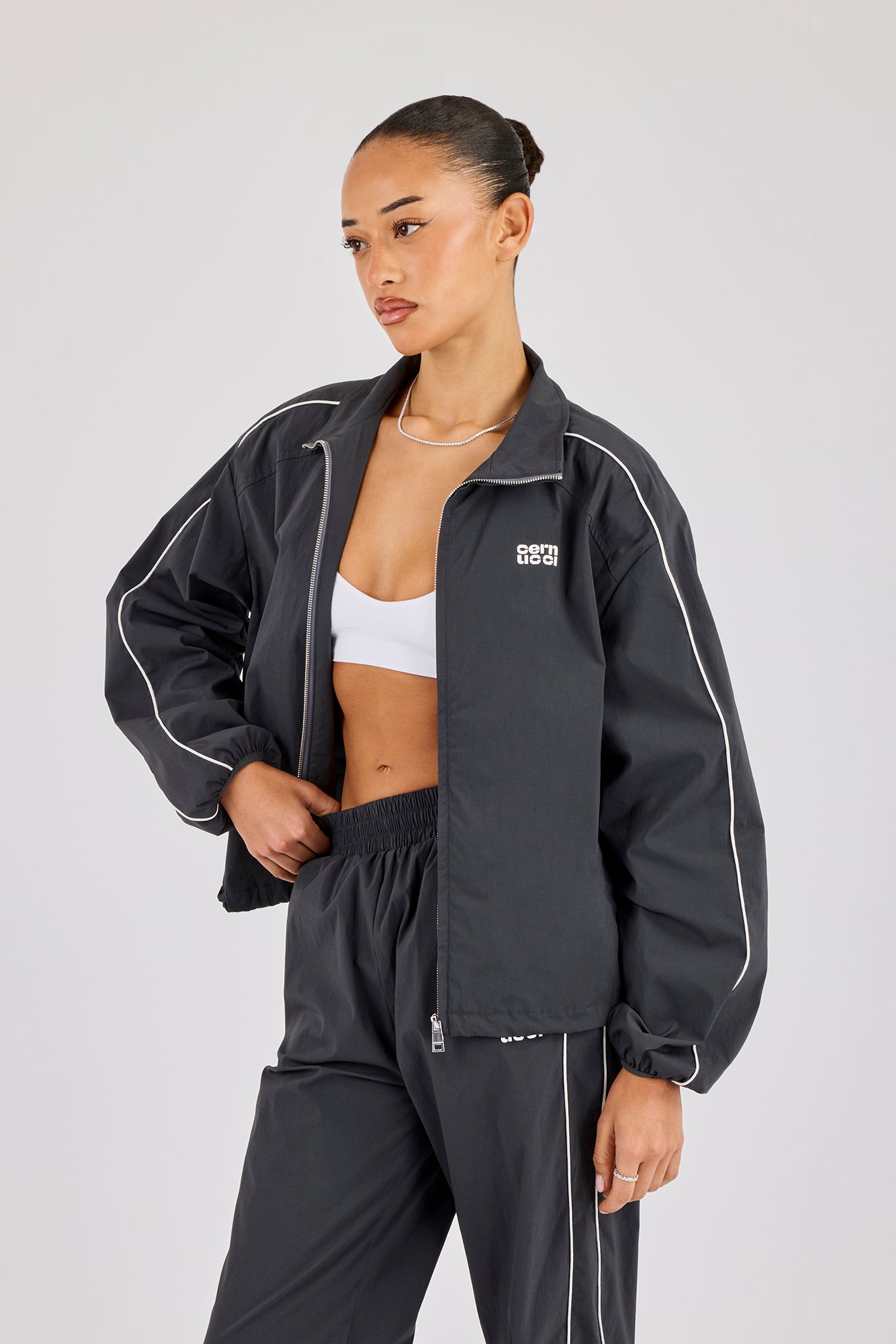 Nylon Piping Track Jacket - Charcoal