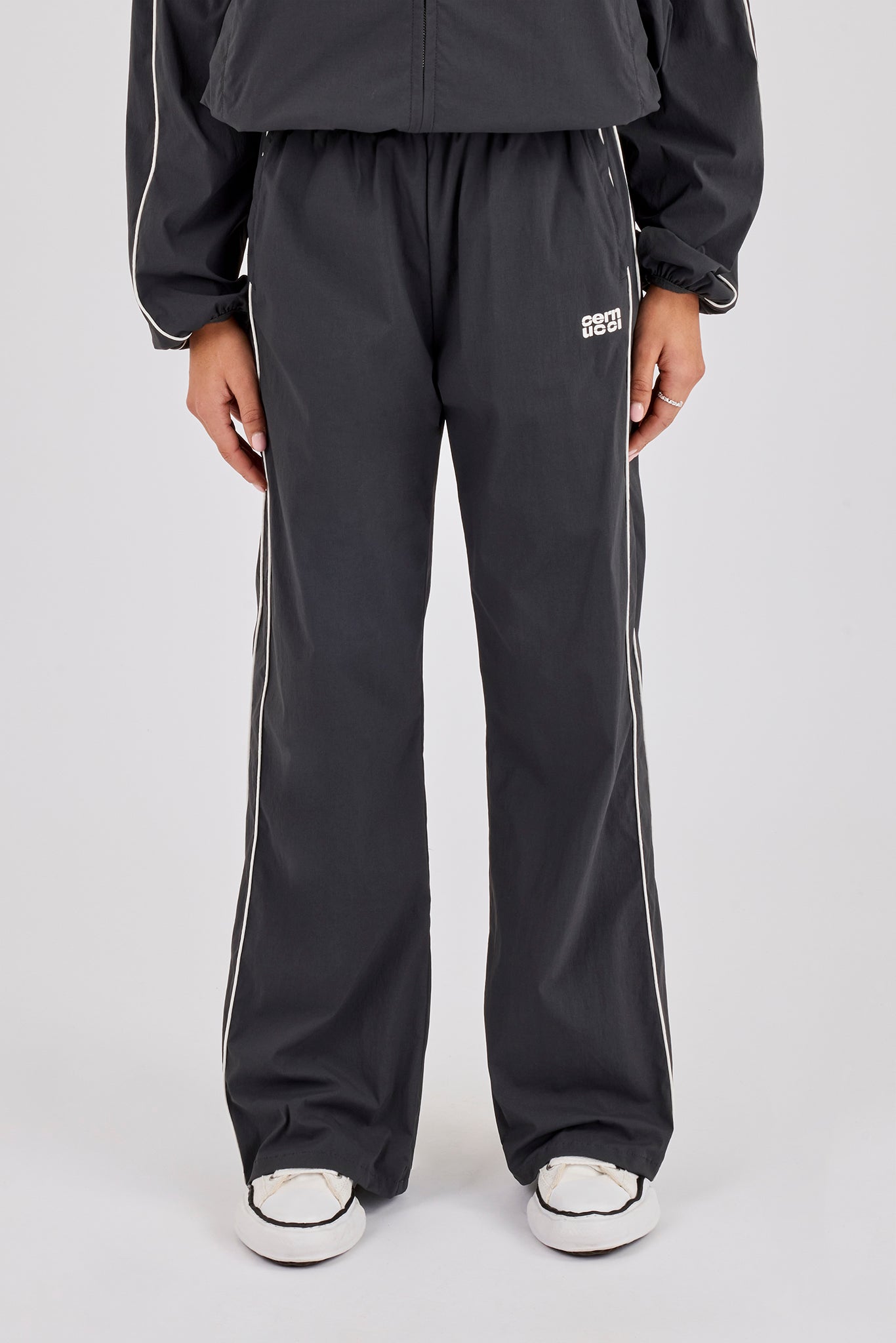 Nylon Piping Wide Leg Track Pant - Charcoal | Womens Bottoms