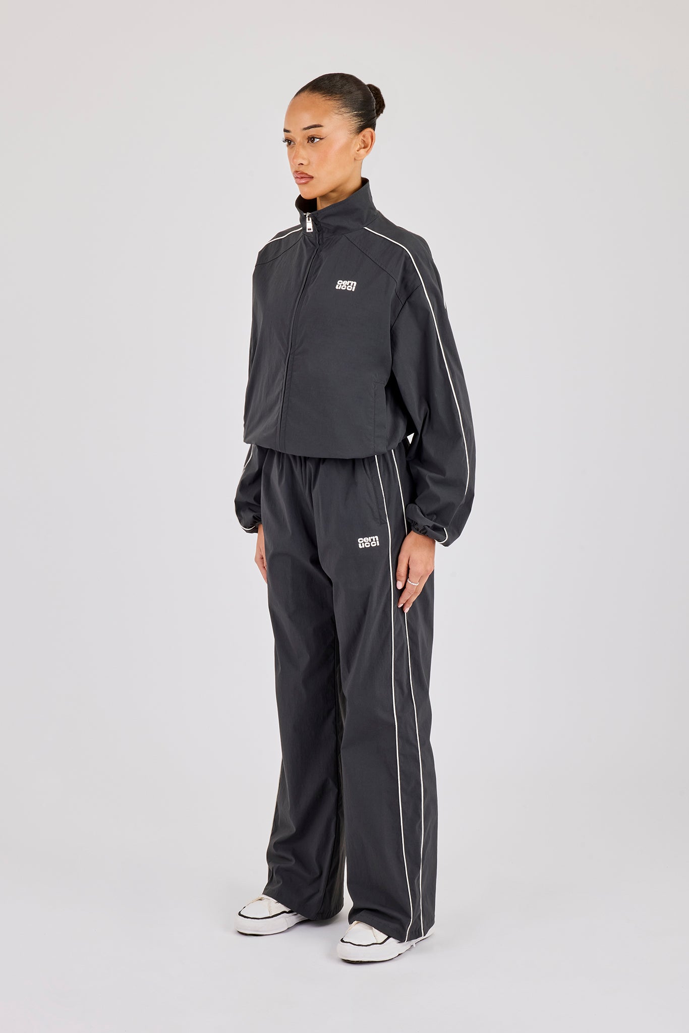 Nylon Piping Track Jacket & Wide Leg Track Pant - Charcoal