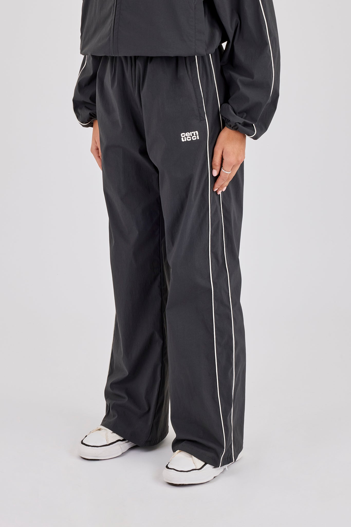 Nylon Piping Wide Leg Track Pant - Charcoal