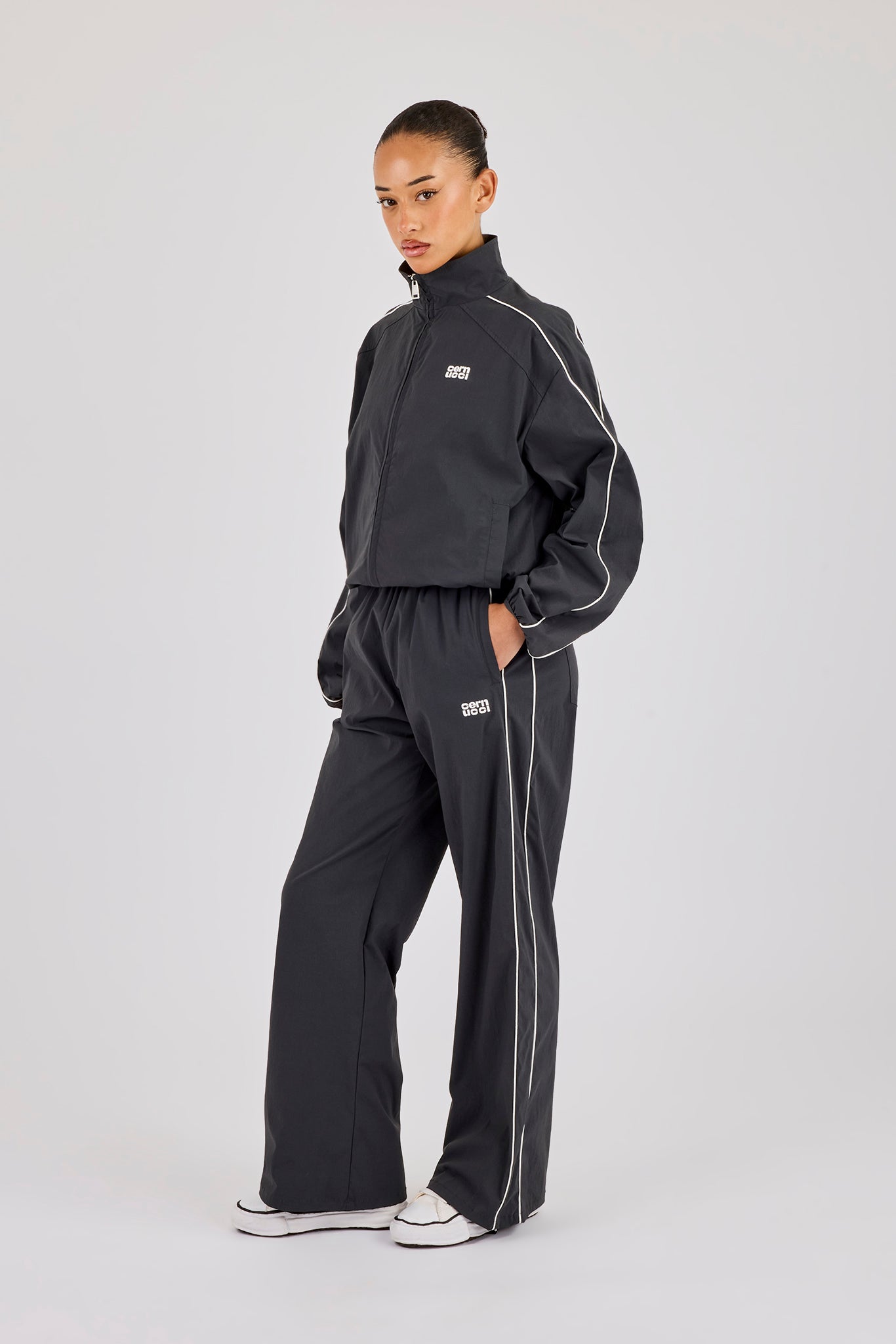 Nylon Piping Wide Leg Track Pant - Charcoal | Womens Bottoms