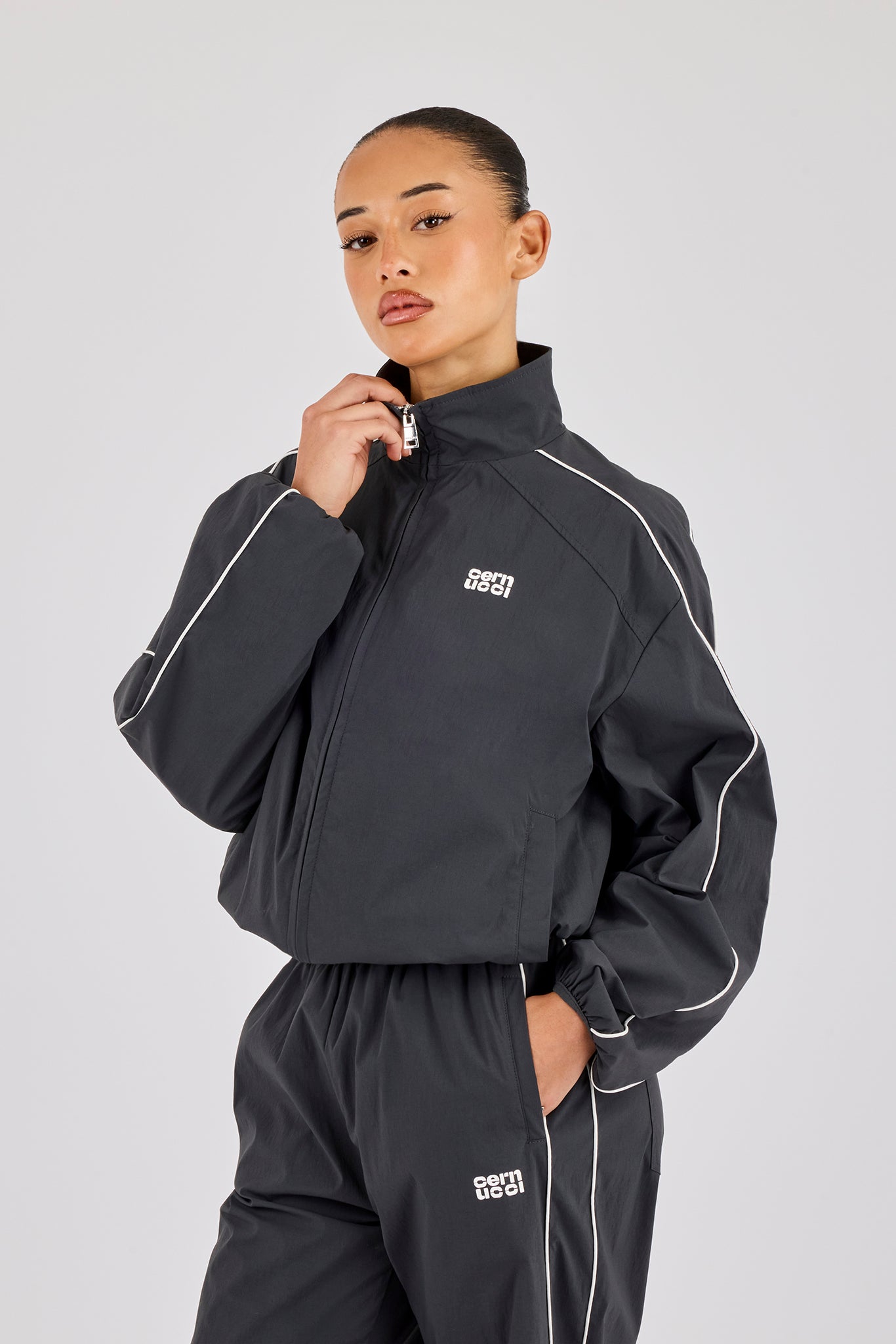 Nylon Piping Track Jacket - Charcoal
