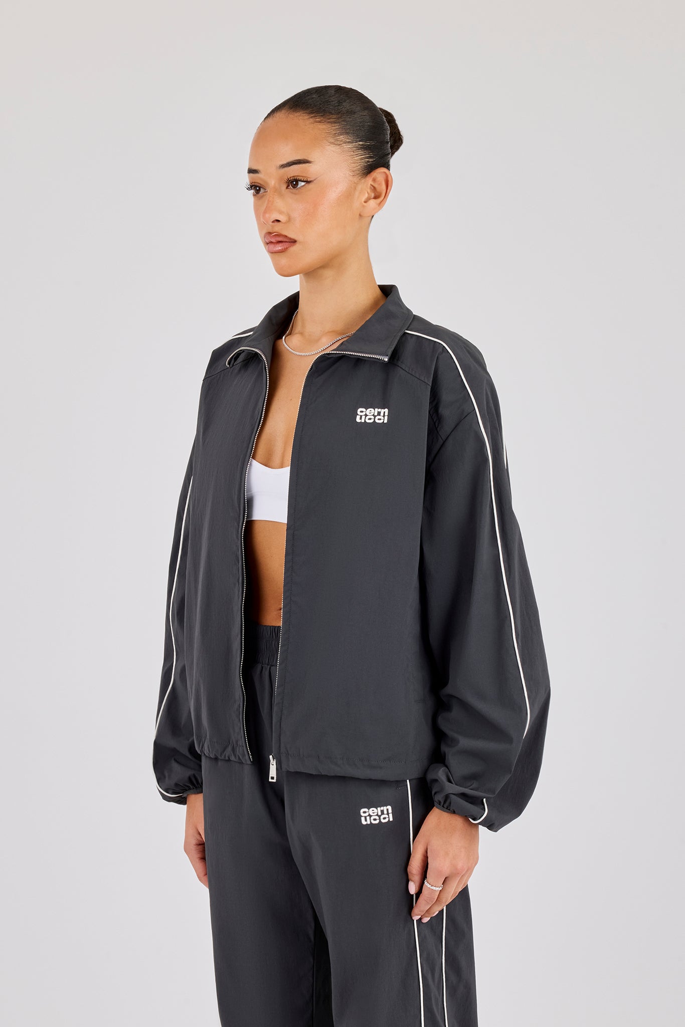 Nylon Piping Track Jacket - Charcoal