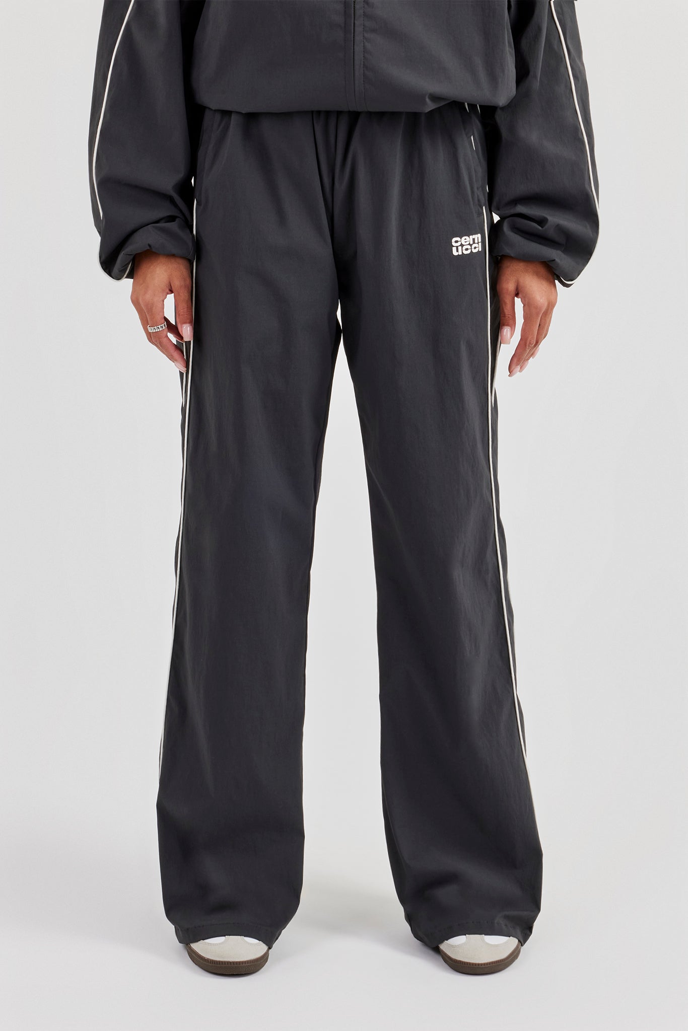 Nylon Piping Wide Leg Track Pant - Charcoal