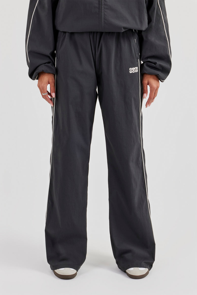 Nylon Piping Wide Leg Track Pant - Charcoal