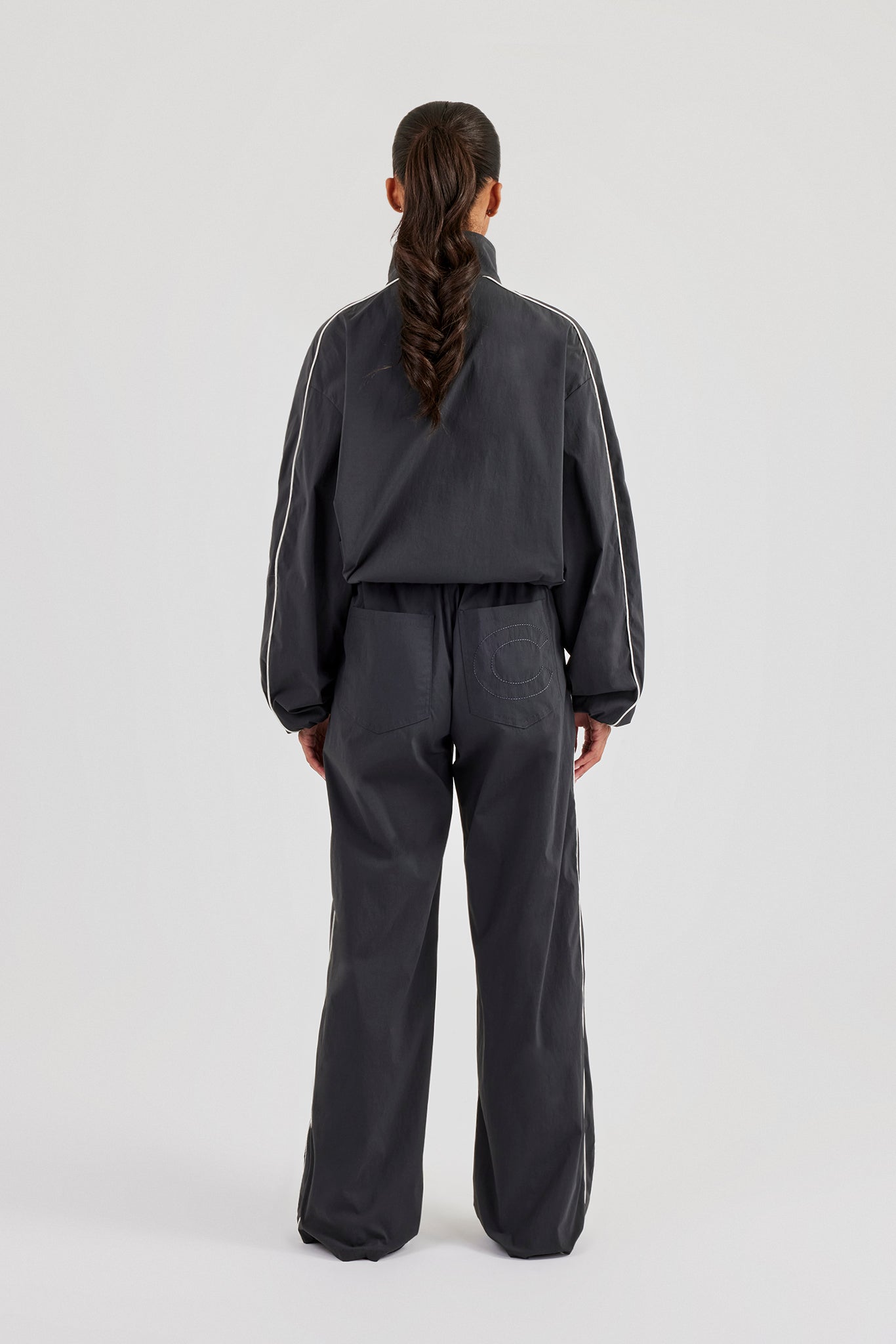 Nylon Piping Track Jacket & Wide Leg Track Pant - Charcoal