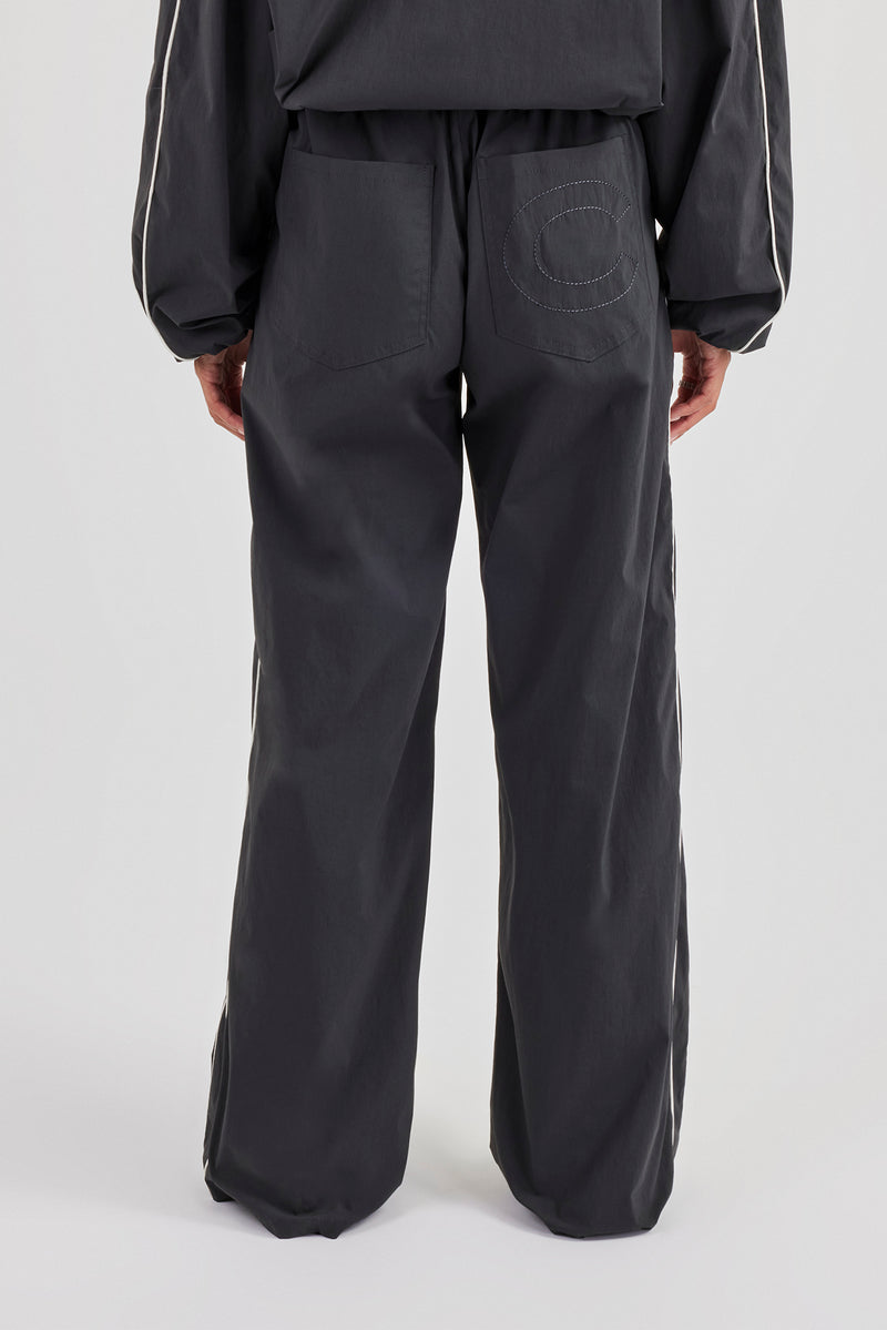 Nylon Piping Wide Leg Track Pant - Charcoal