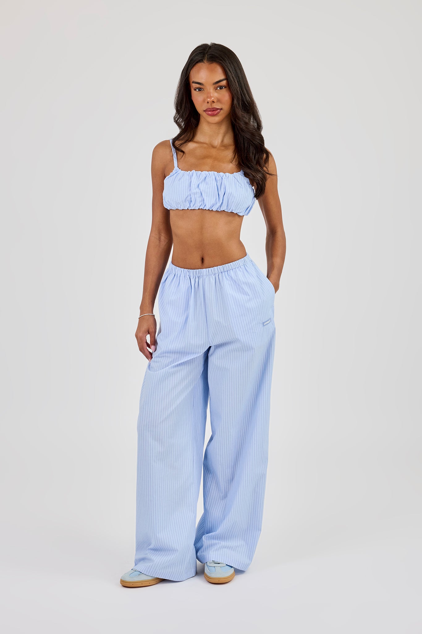 Nylon Striped Ruched Bralet & Wide Leg Trouser – Baby Blue