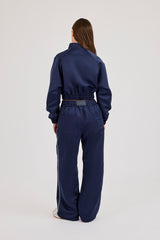 Satin Jacket With Piping & Trouser - Navy