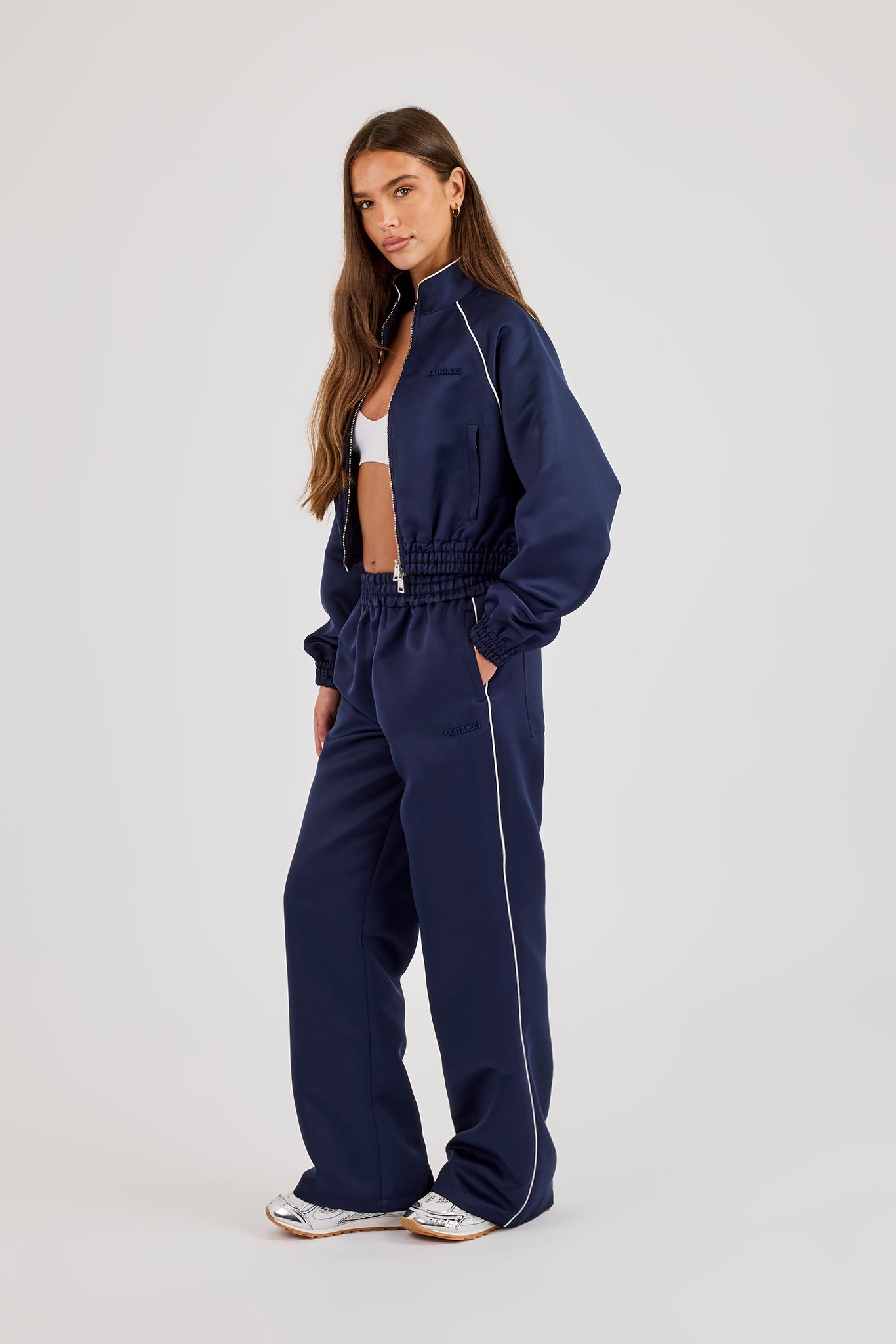 Satin Jacket With Piping & Trouser - Navy