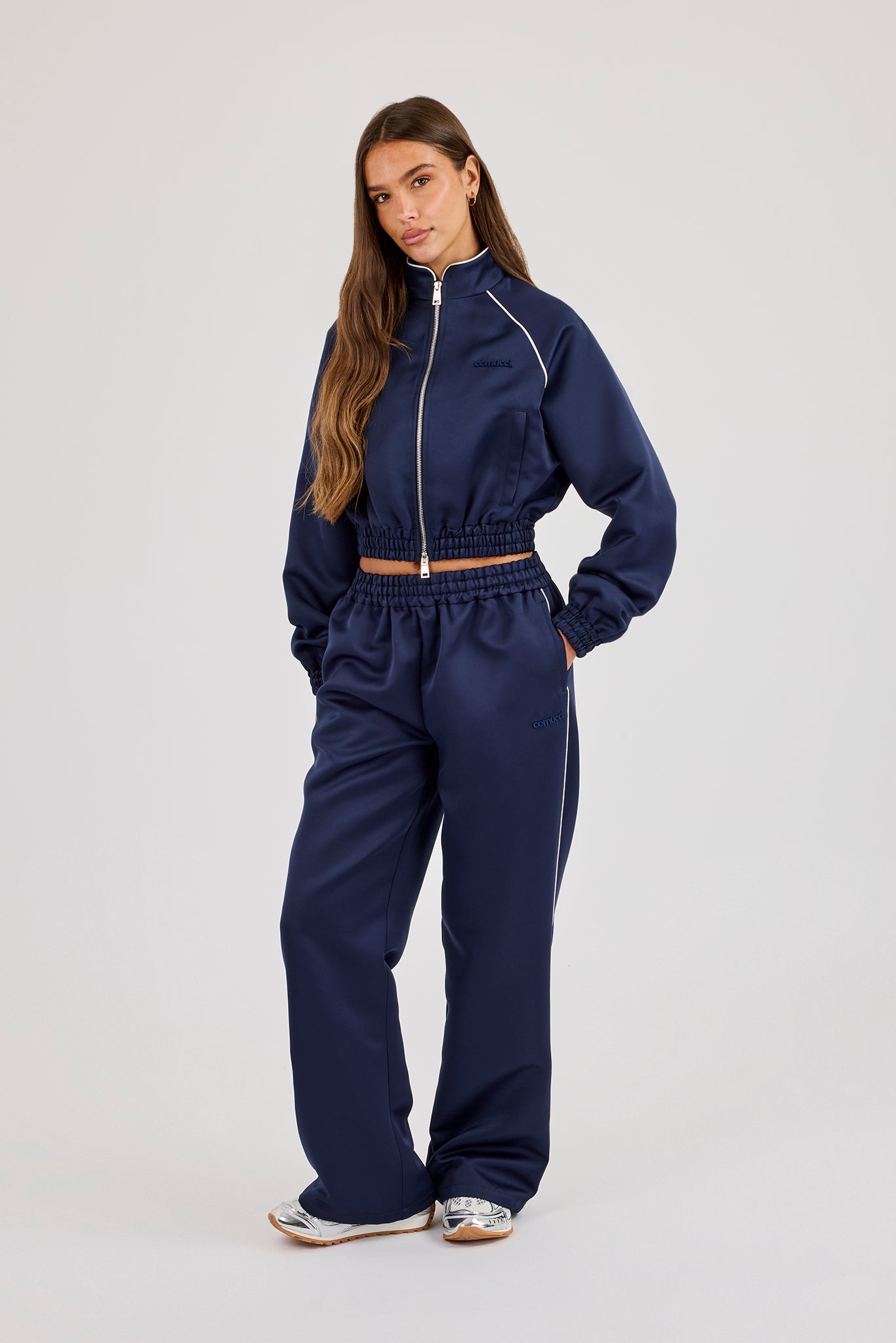 Satin Trouser With Piping - Navy