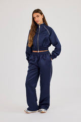 Satin Jacket With Piping & Trouser - Navy
