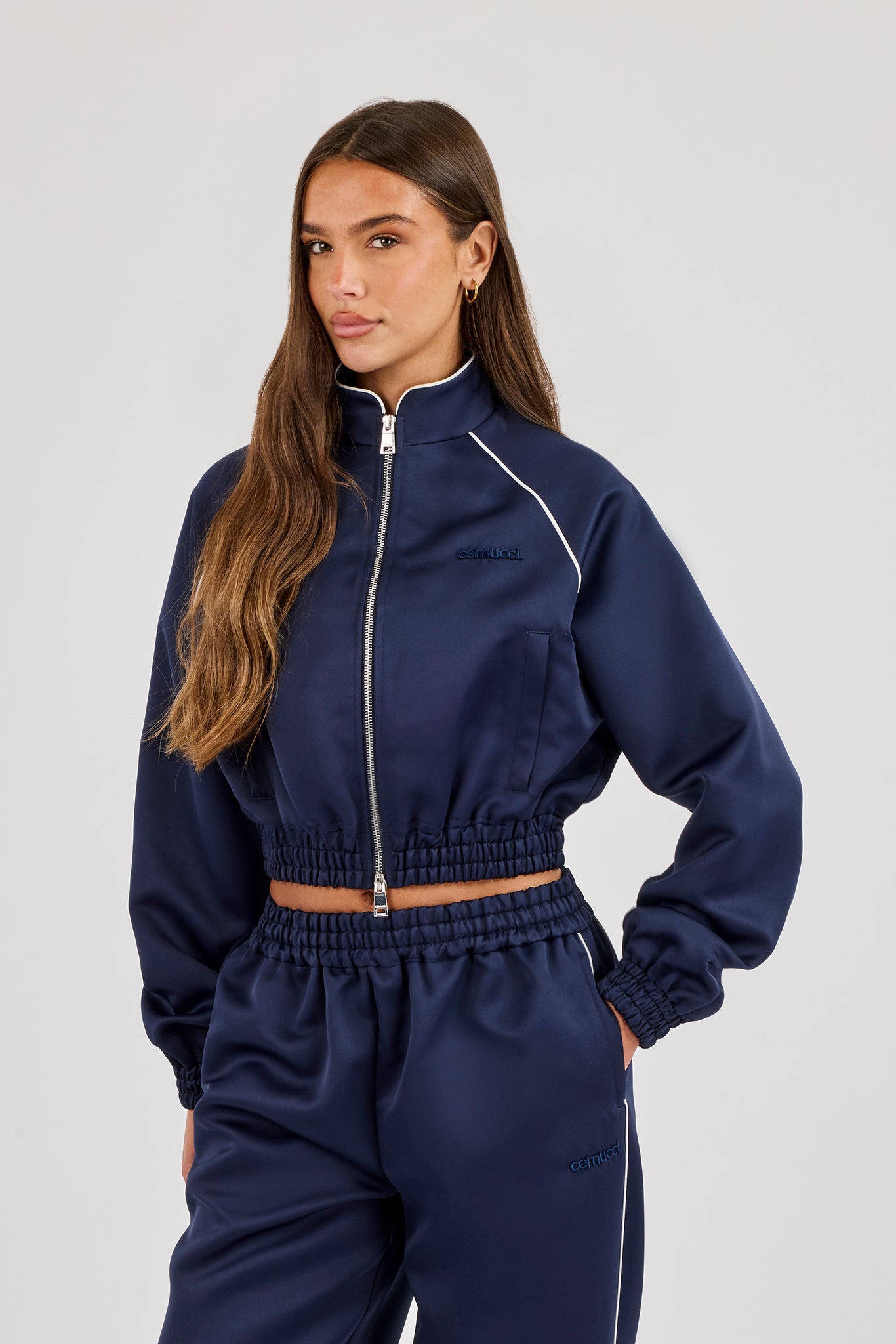 Satin Jacket With Piping - Navy