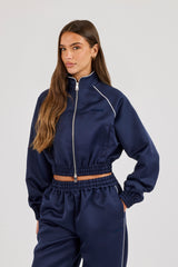 Satin Jacket With Piping - Navy