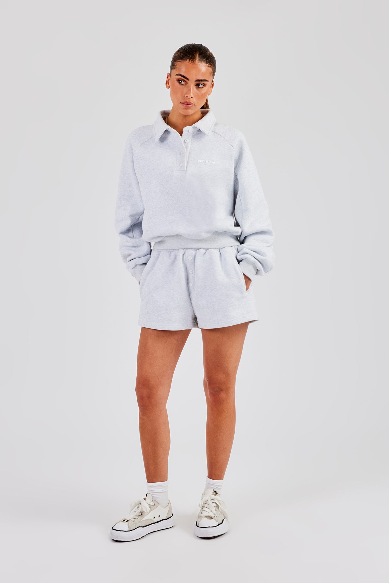 Polo-Sweatshirt und Shorts mit Knopfdetail – Heather Grey