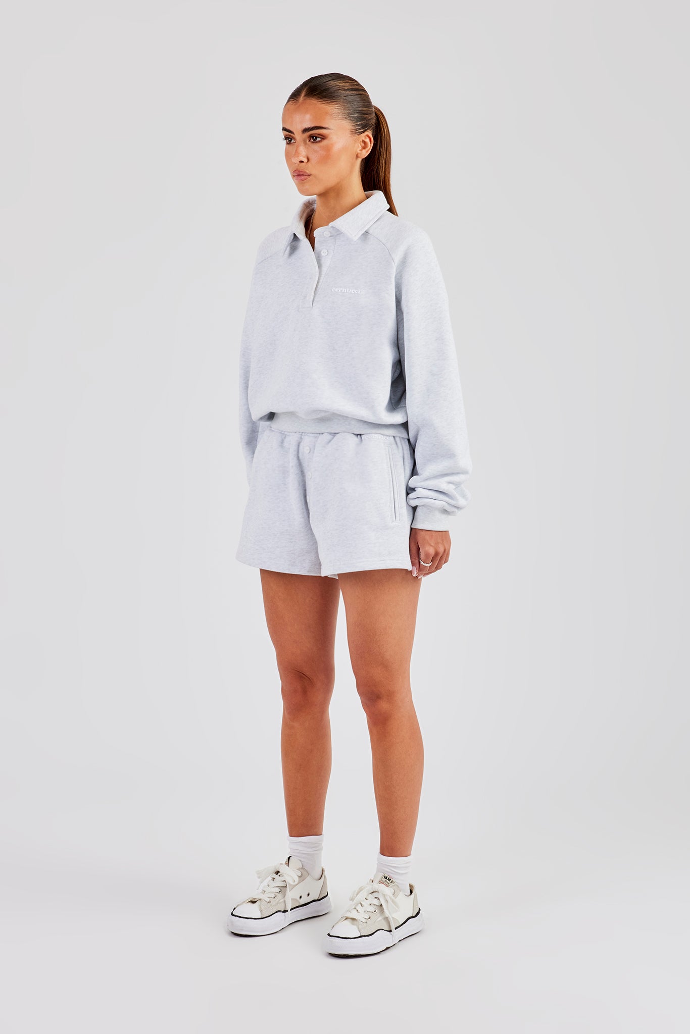 Polo-Sweatshirt und Shorts mit Knopfdetail – Heather Grey