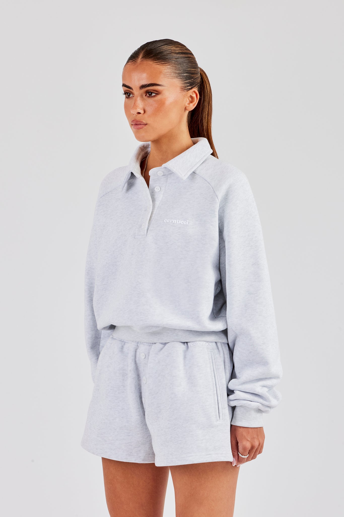 Polo Sweatshirt & Button Detail Short - Heather Grey