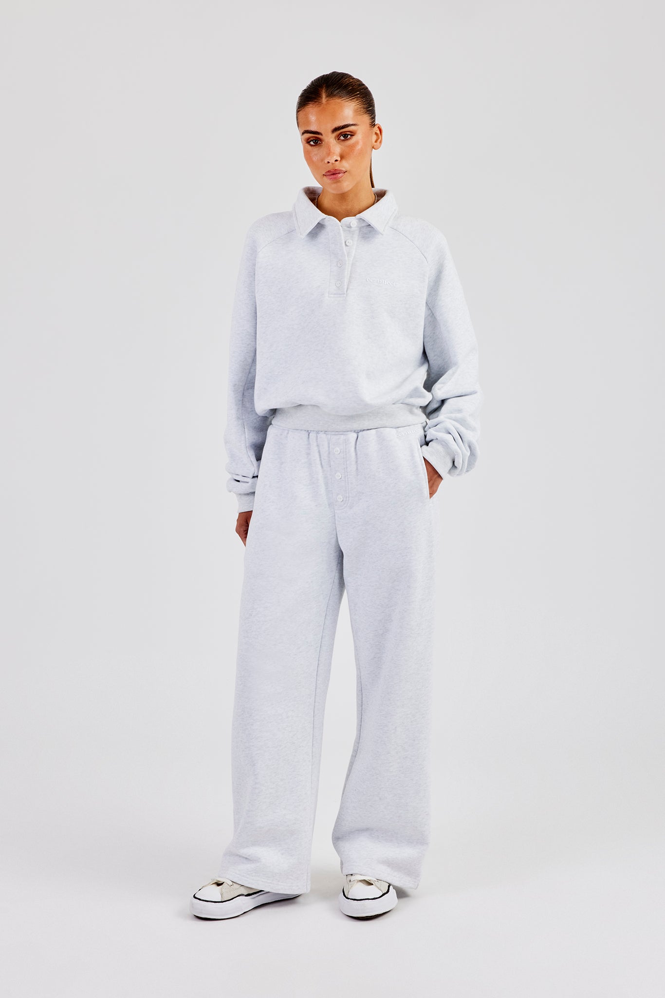 Polo Sweatshirt & Wide Leg Jogger - Heather Grey