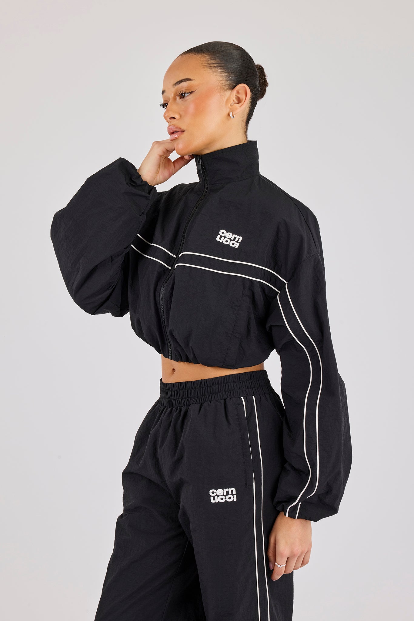 Crinkle Nylon Cropped Piping Track Jacket - Black