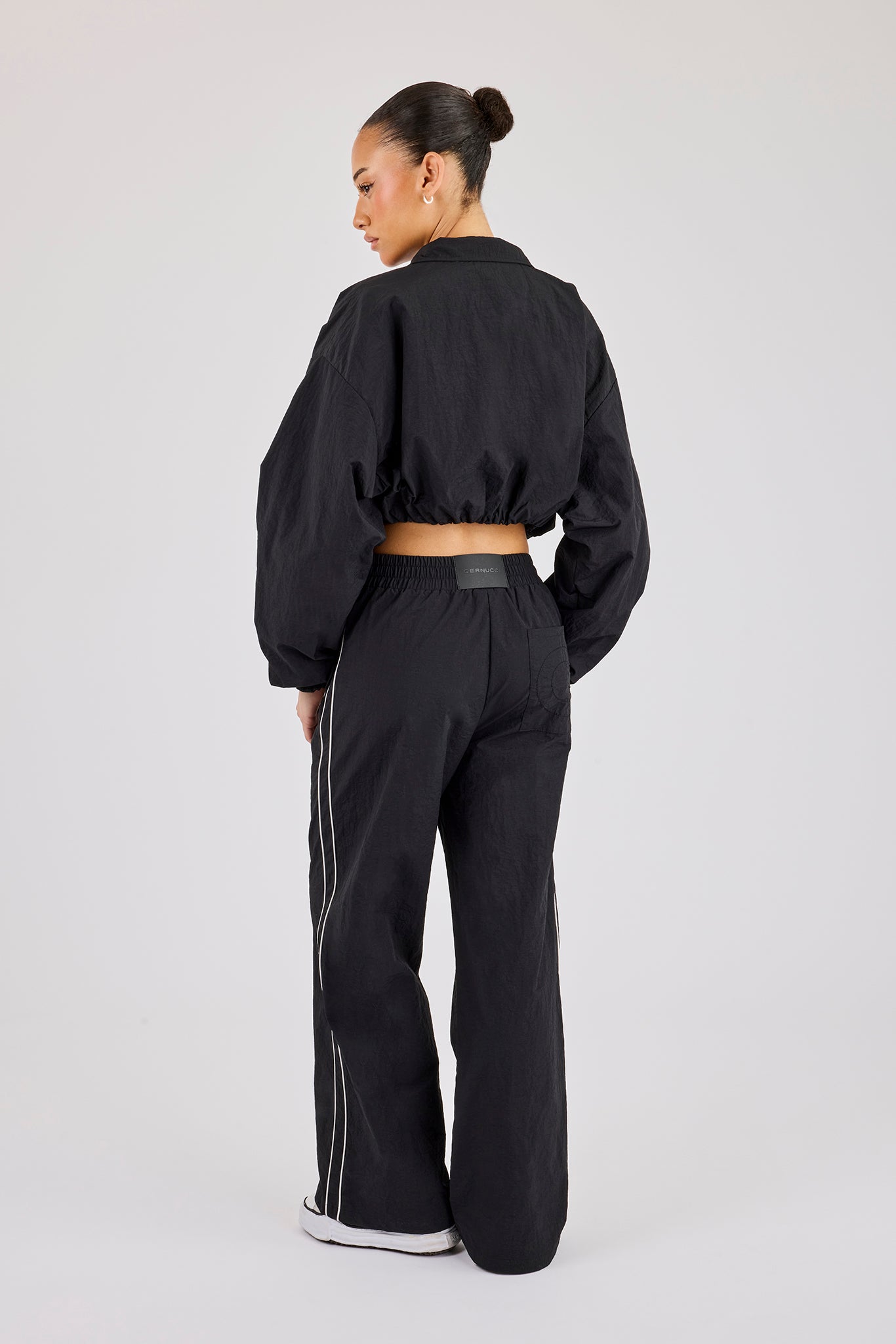 Crinkle Nylon Cropped Piping Track Jacket & Wide Leg Jogger