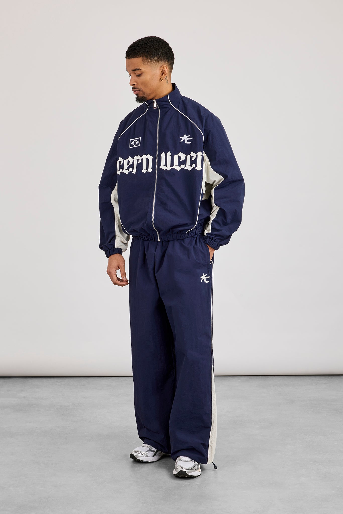 Oversized Nylon Panelled Track Top - Navy