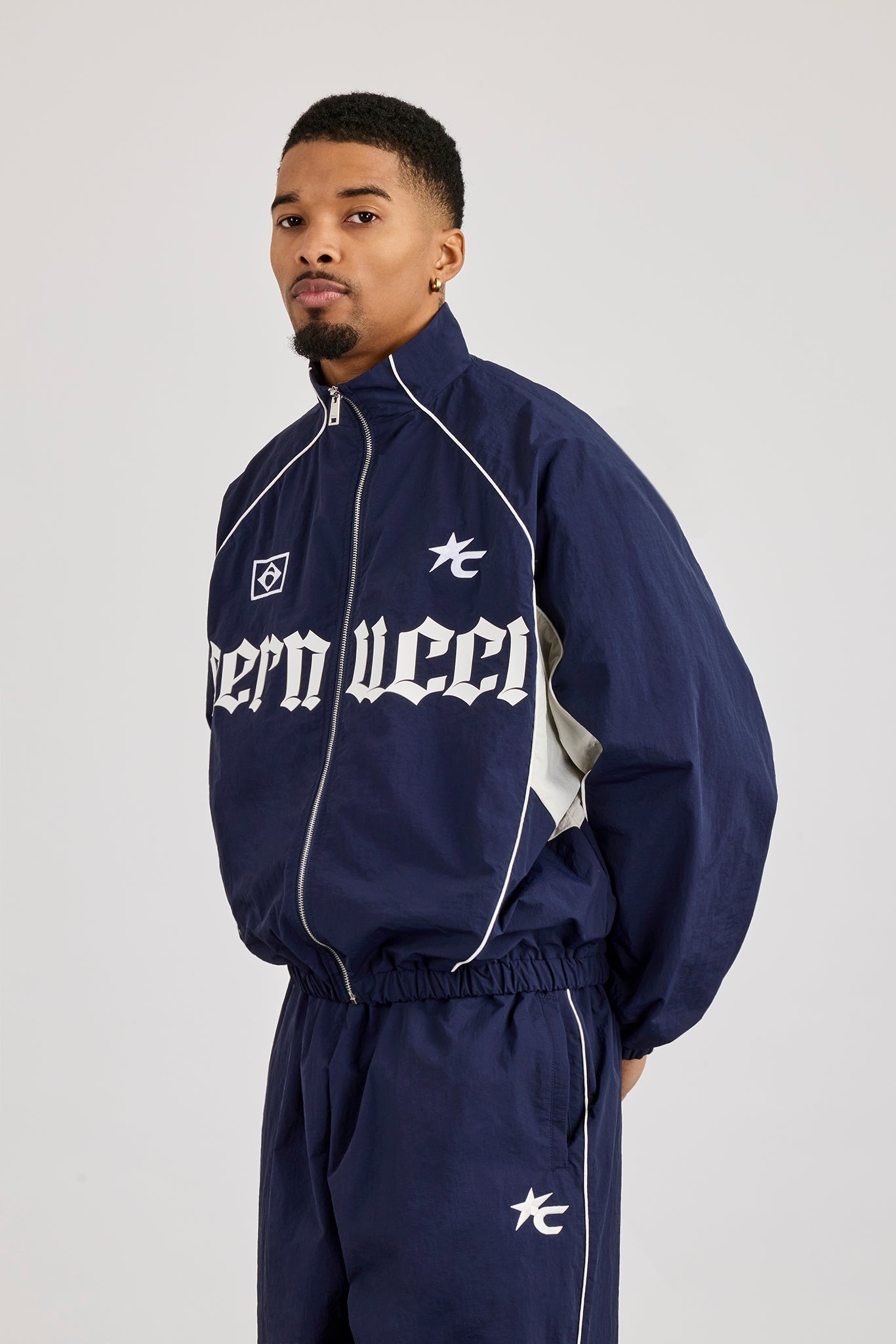 Oversized Nylon Panelled Track Top - Navy