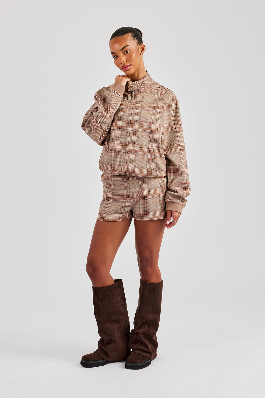 Check Jacket Oversized Check Collarless Jacket & Short - Brown - Brown | Womens Sets ...
