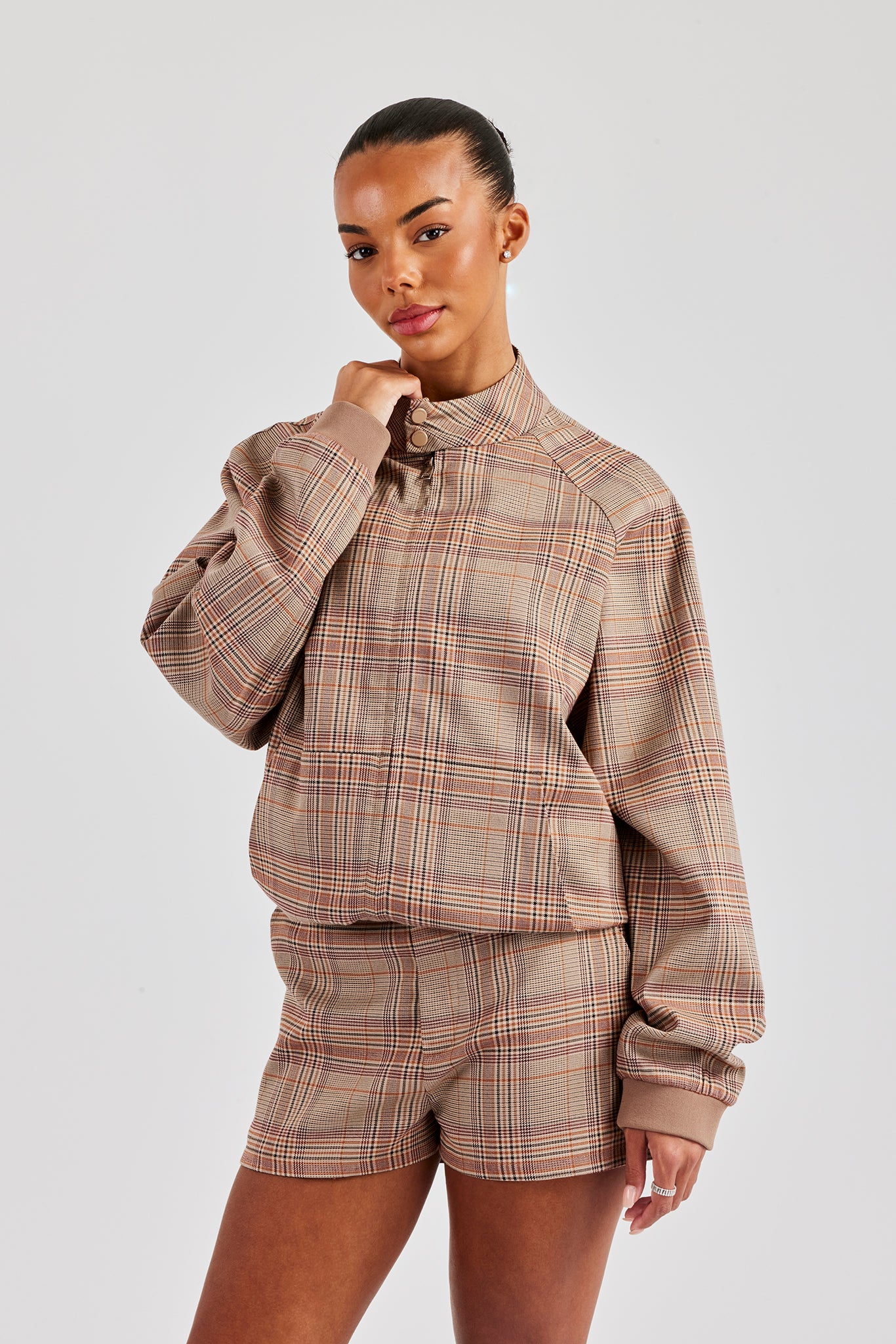 Oversized Check Collarless Jacket & Short - Brown - Brown | Womens