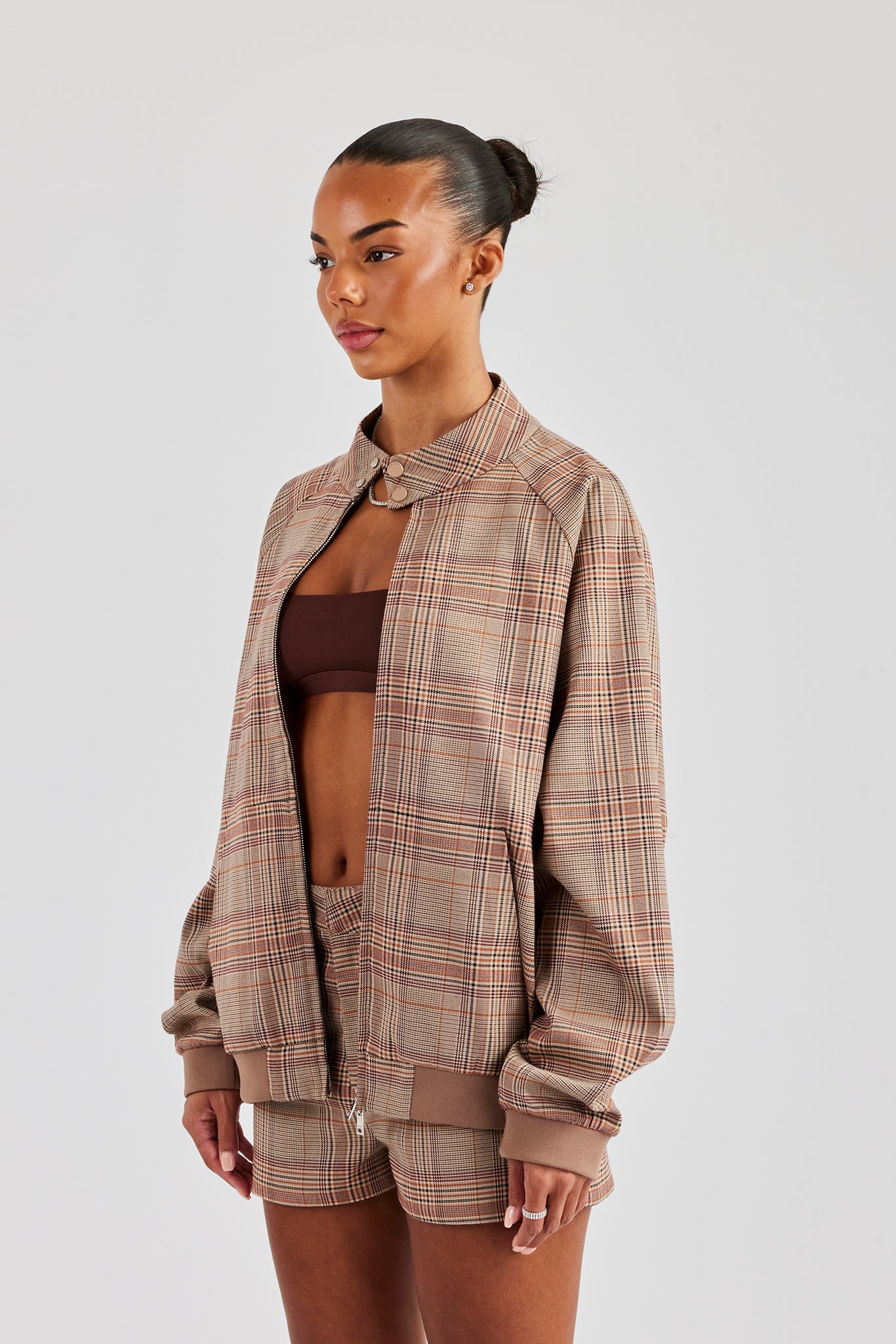 Oversized Check Collarless Jacket & Short - Brown - Brown | Womens