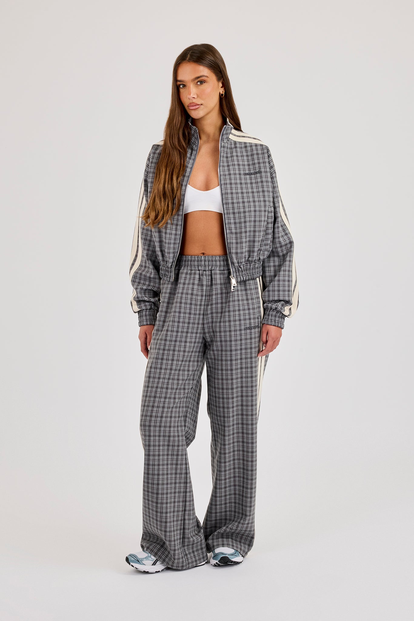 Check Funnel Neck Taping Track Jacket & Trouser - Grey