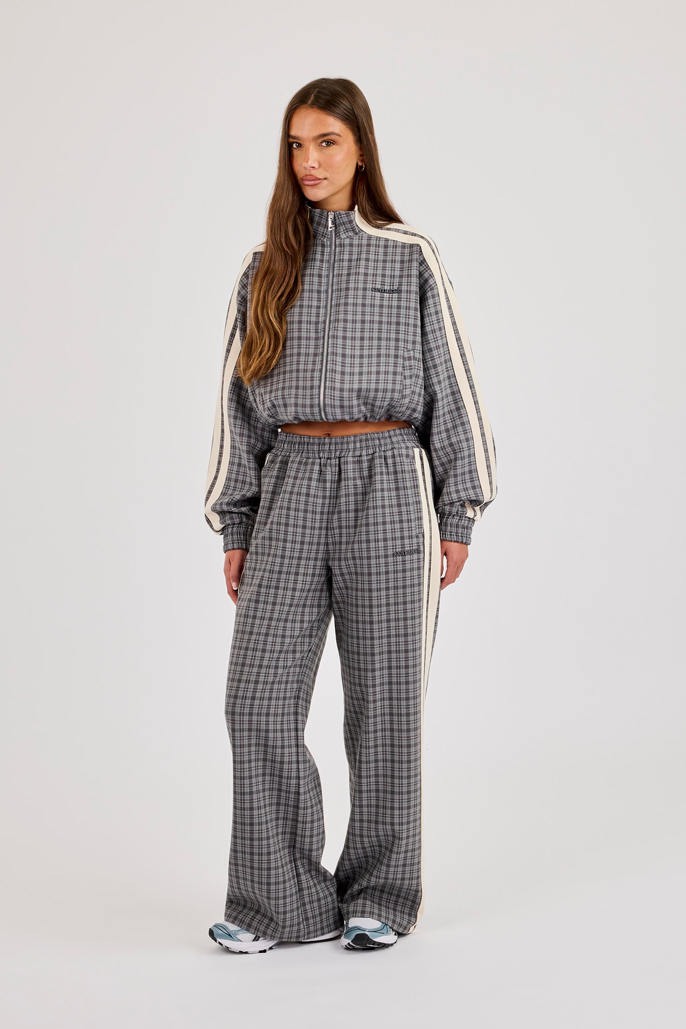 Check Funnel Neck Taping Track Jacket - Grey