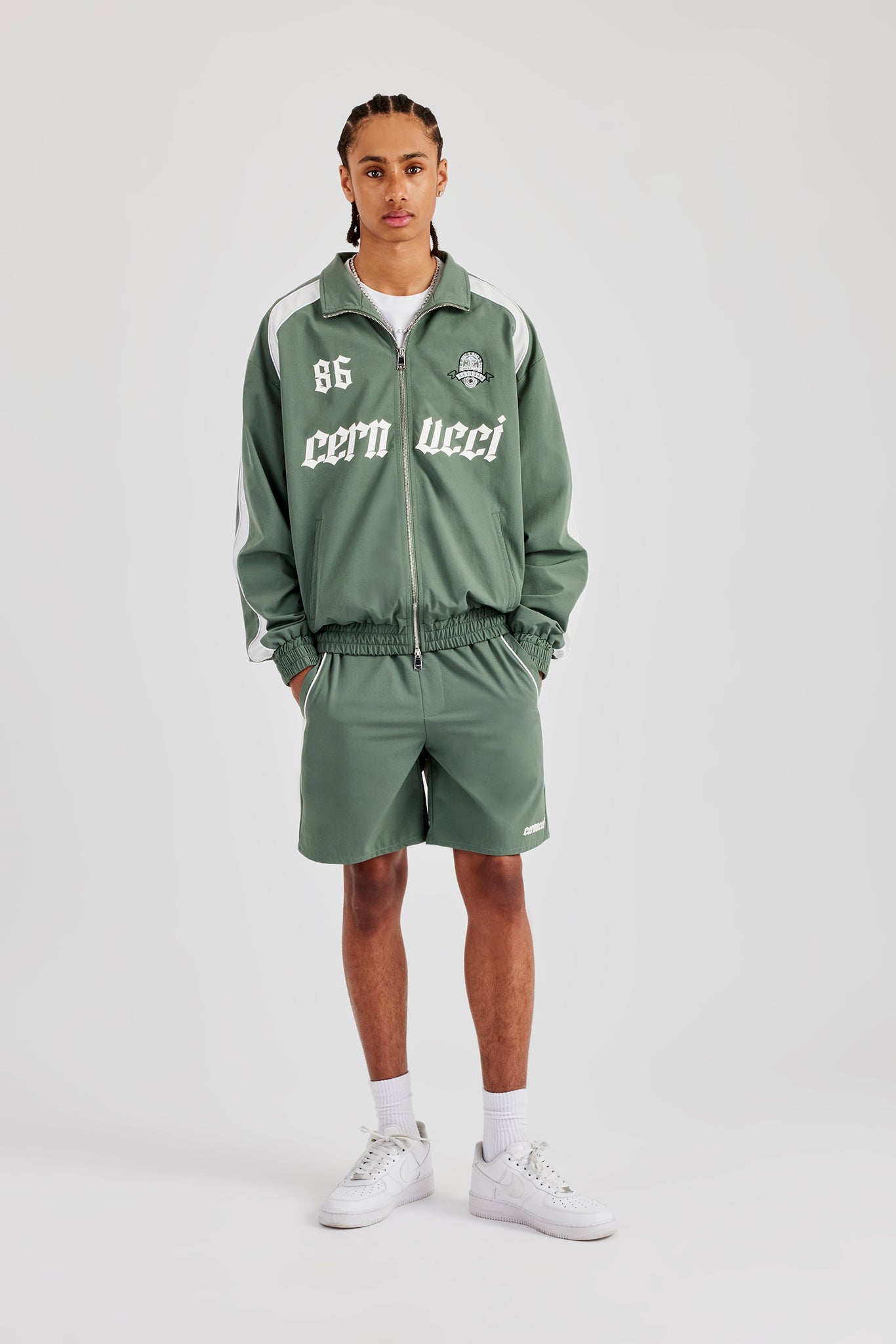 Nylon Panelled Logo Track Jacket & Short - Green | Mens Sets