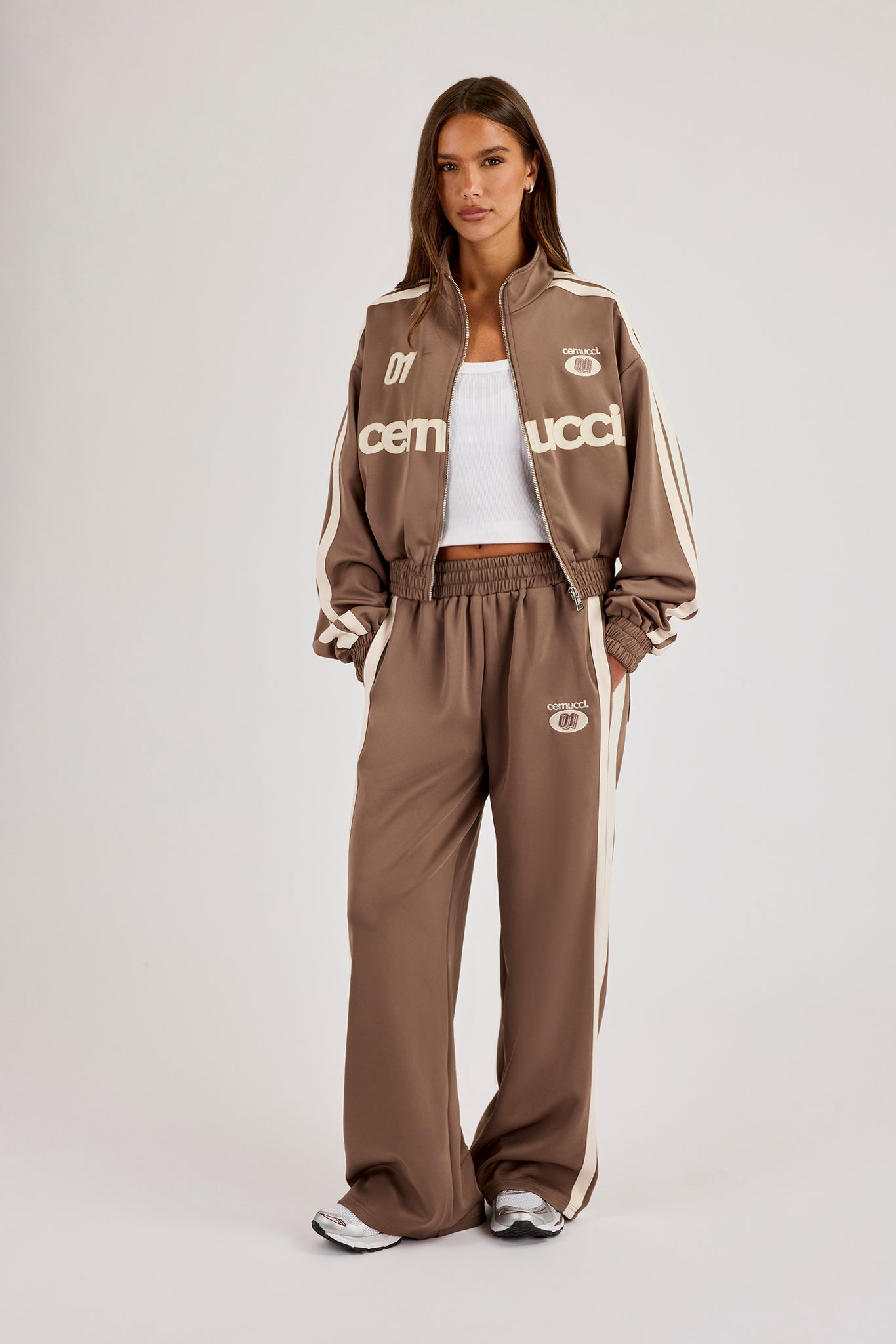 Football Cropped Zip Through Track Jacket - Taupe