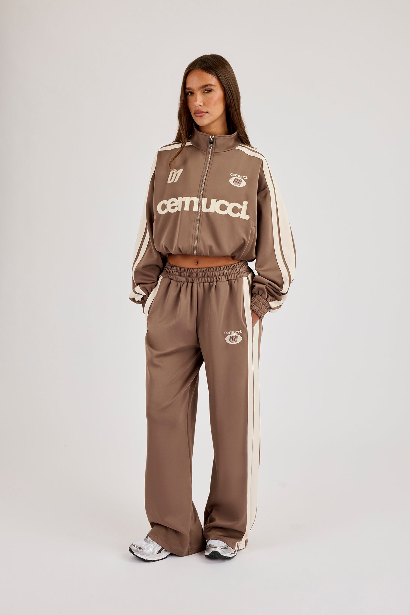Football Cropped Zip Through Track Jacket & Baggy Taping Jogger - Taupe