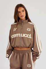Football Cropped Zip Through Track Jacket - Taupe