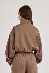 Football Cropped Zip Through Track Jacket - Taupe