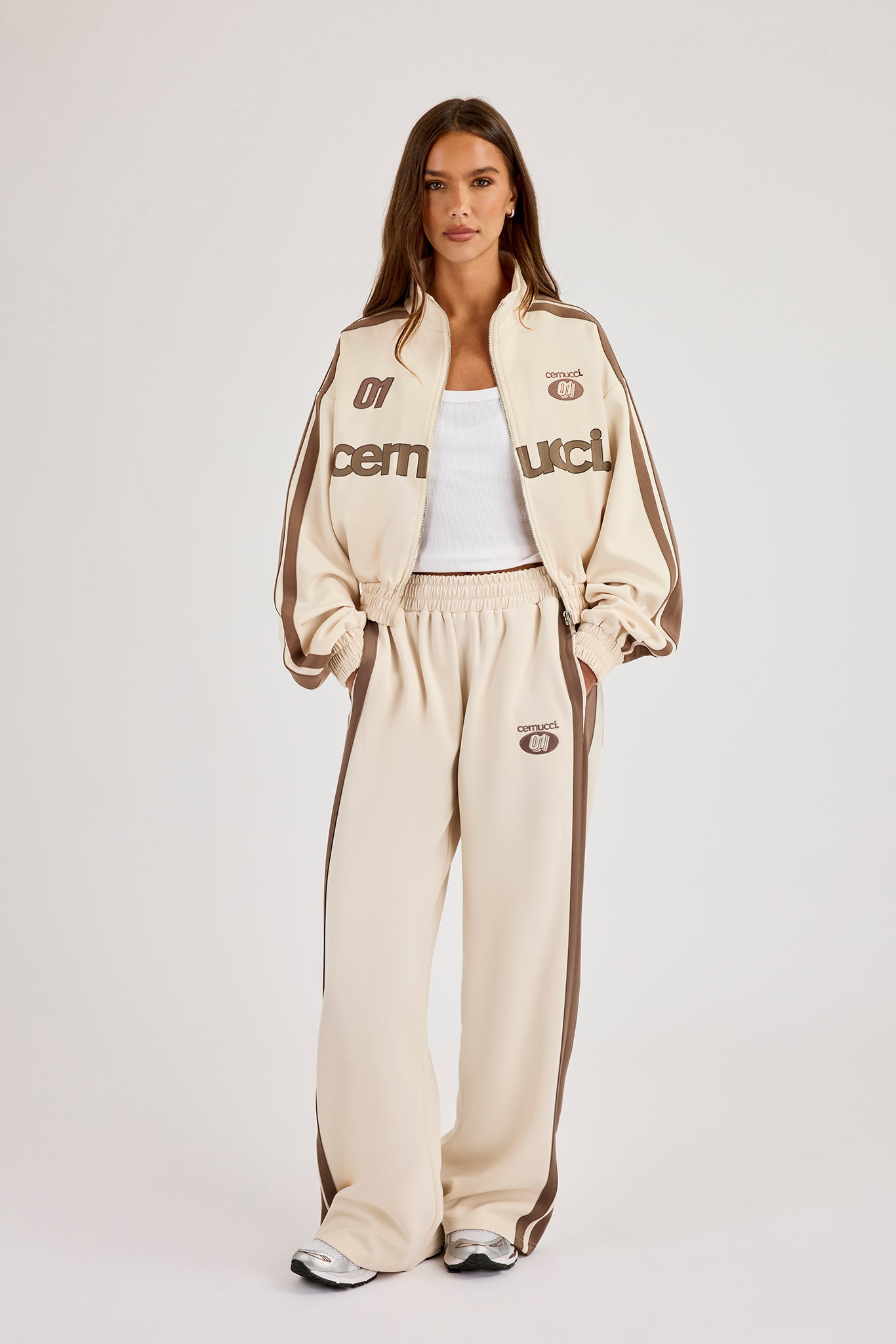 Football Cropped Zip Through Track Jacket & Baggy Taping Jogger - Off White