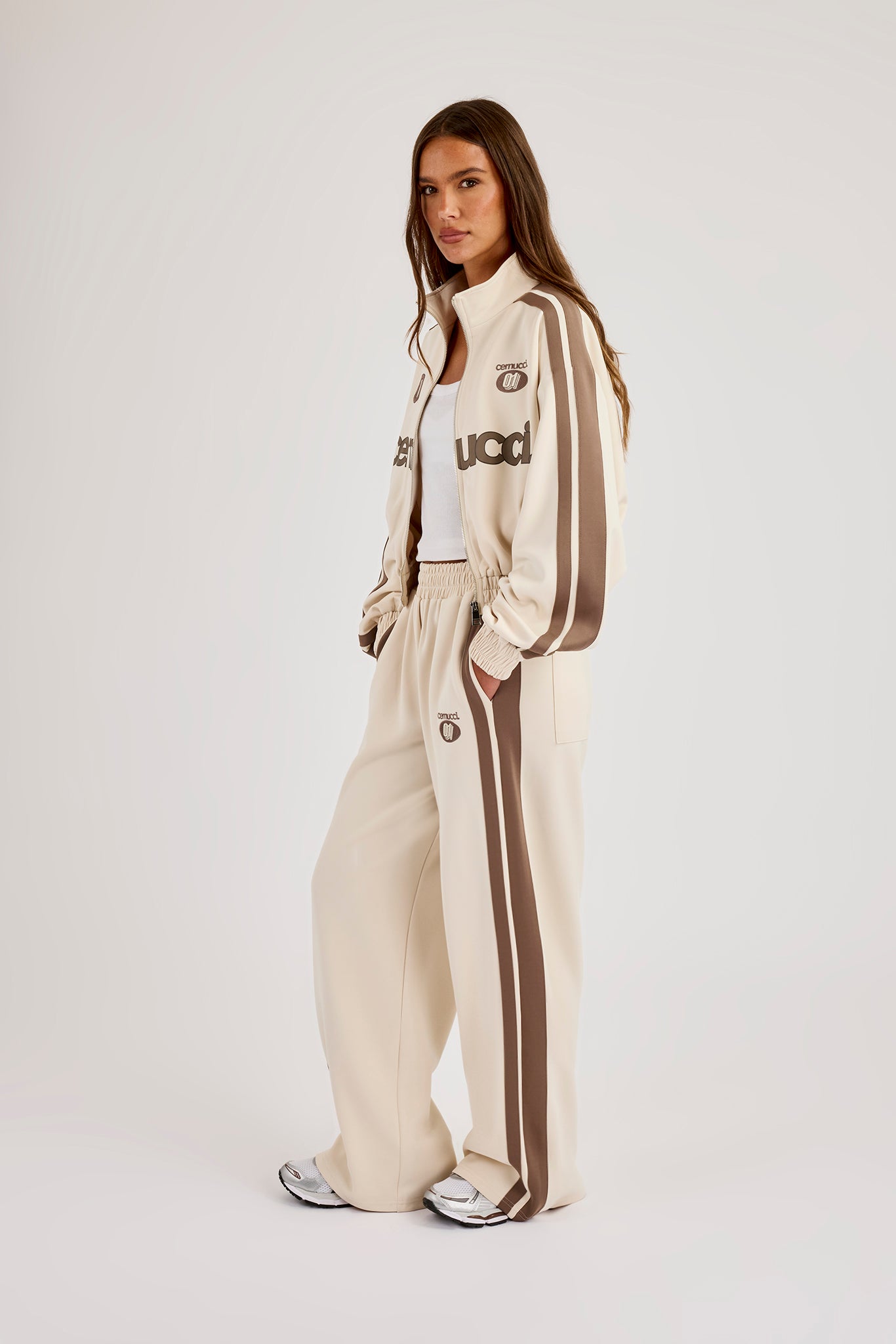 Football Cropped Zip Through Track Jacket & Baggy Taping Jogger - Off White