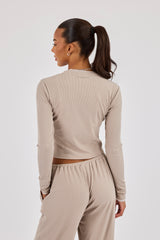 Soft Touch Ribbed Long Sleeve T-Shirt - Taupe
