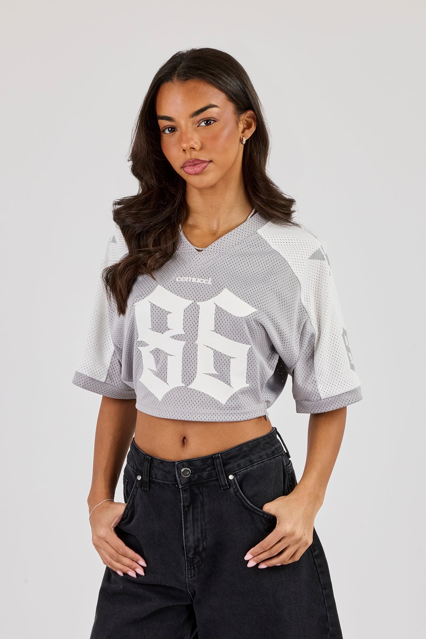 Mesh Fitted Cropped Top - Grey