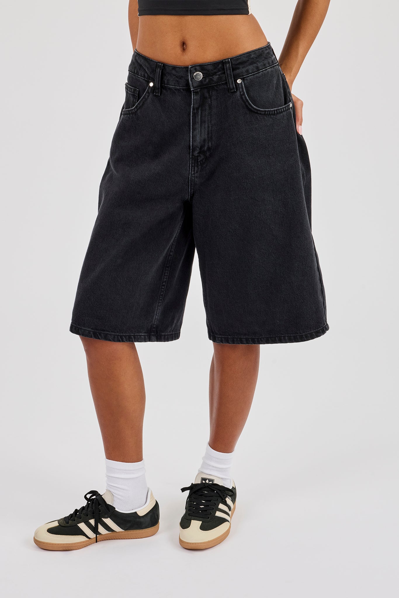 Ladies Baggy Denim Jort - Washed Black