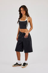 Layered Contrast Strap Top - Black