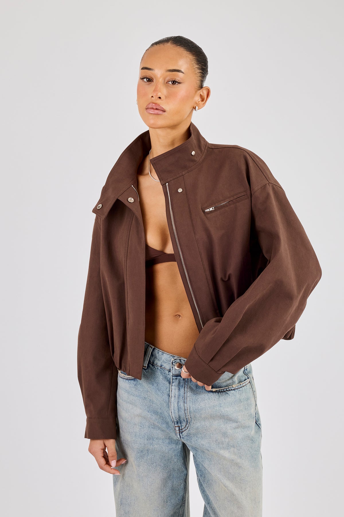 Twill Funnel Neck Jacket - Brown | Womens Outerwear | Shop Track 