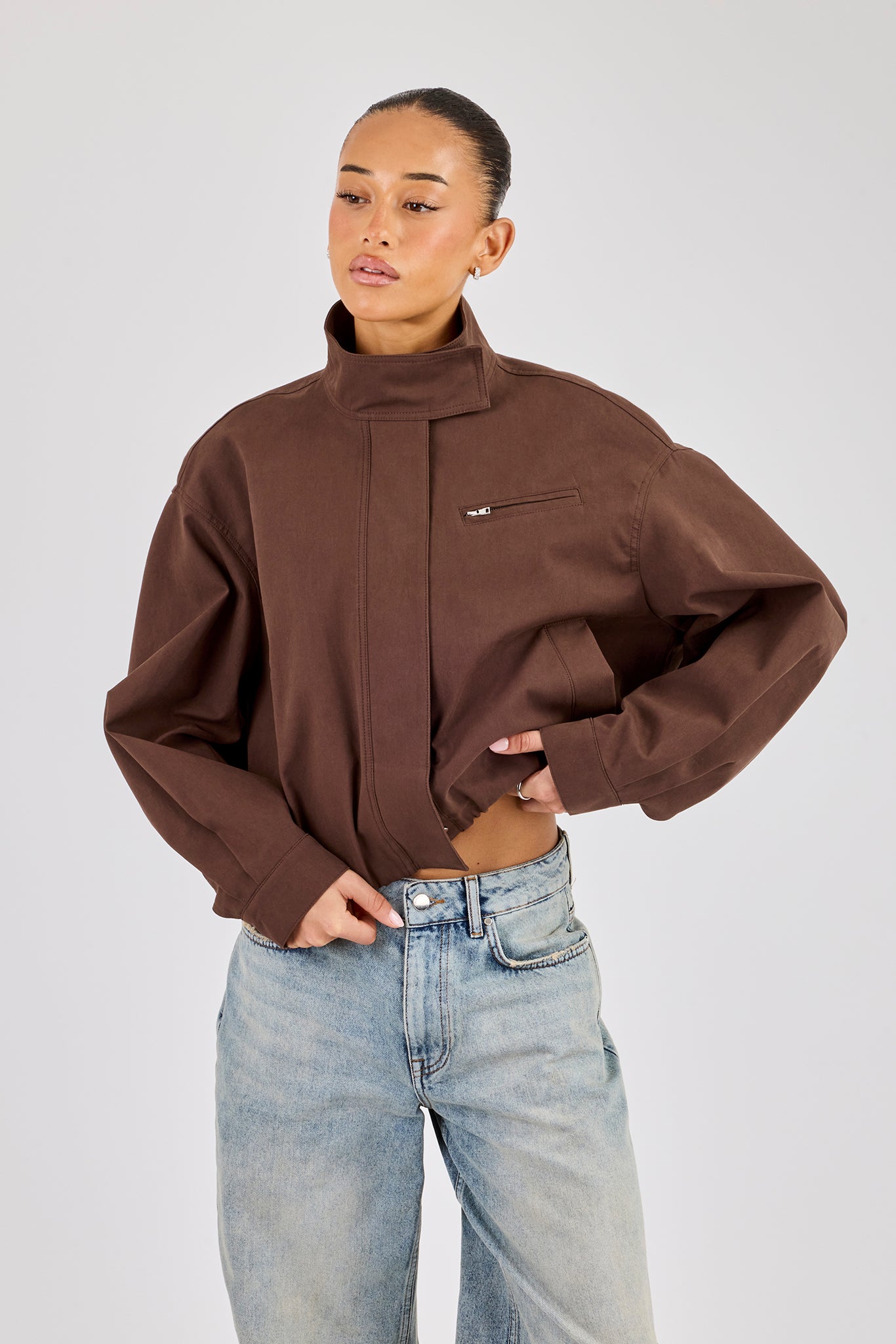 Twill Funnel Neck Jacket - Brown