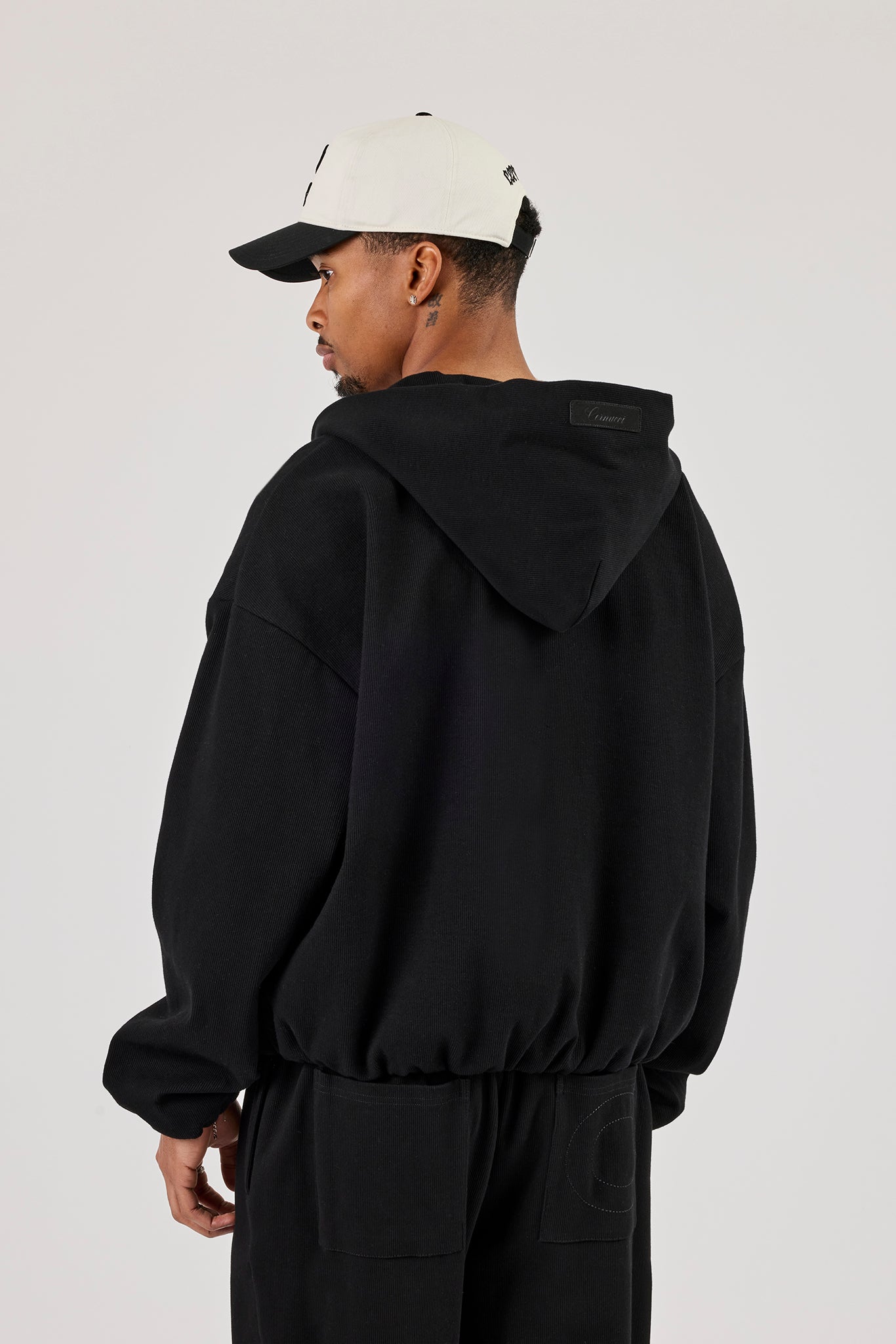 Ottoman Rib Zip Through Hoodie - Black