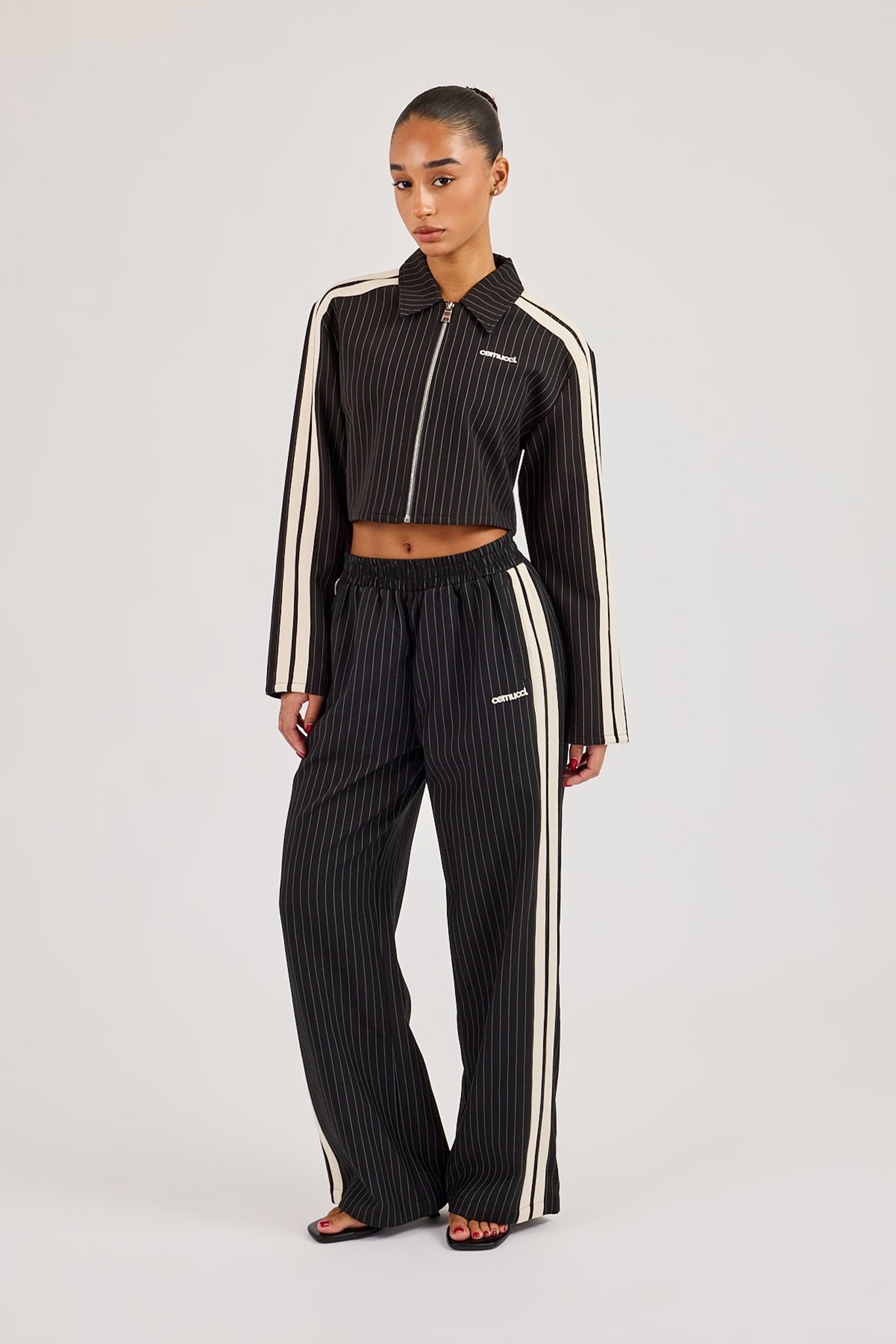 Pinstripe Taping Cropped Harrington Jacket & Wide Leg Jogger - Black