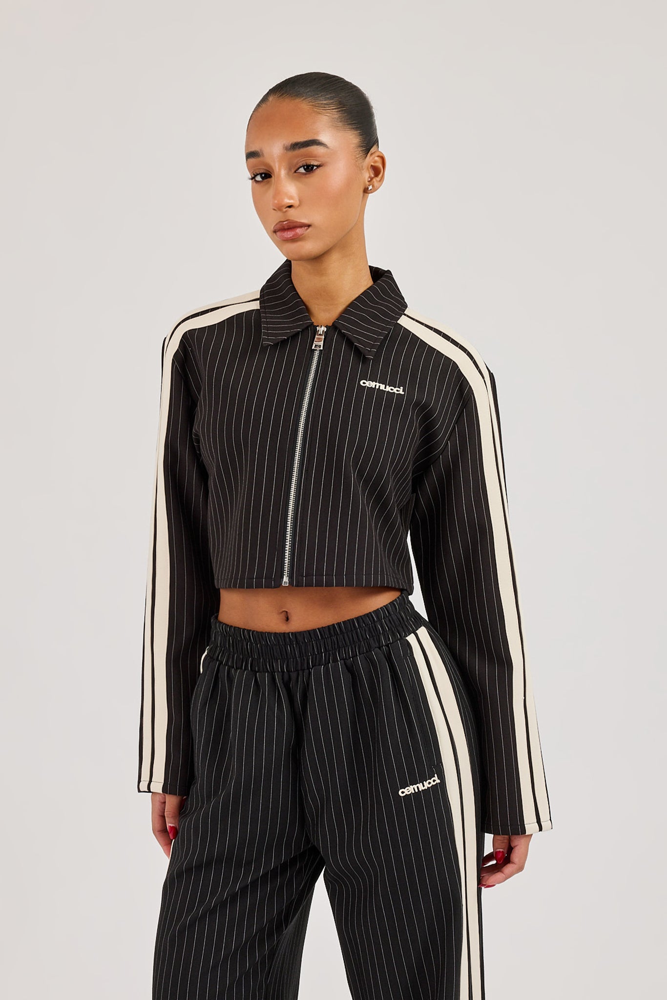 Pinstripe Taping Cropped Harrington Jacket - Black