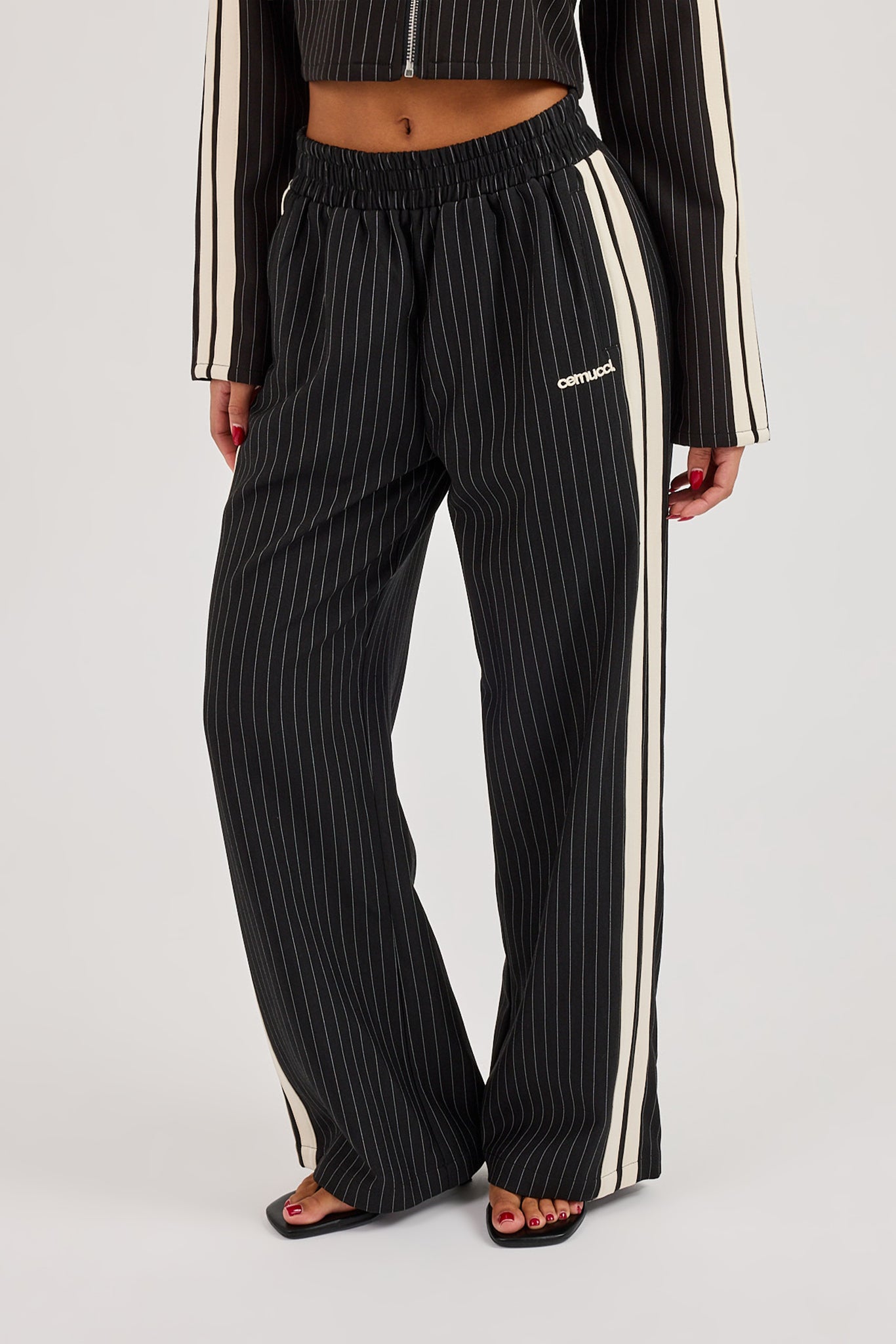 Pinstripe Taping Wide Leg Track Pant - Black