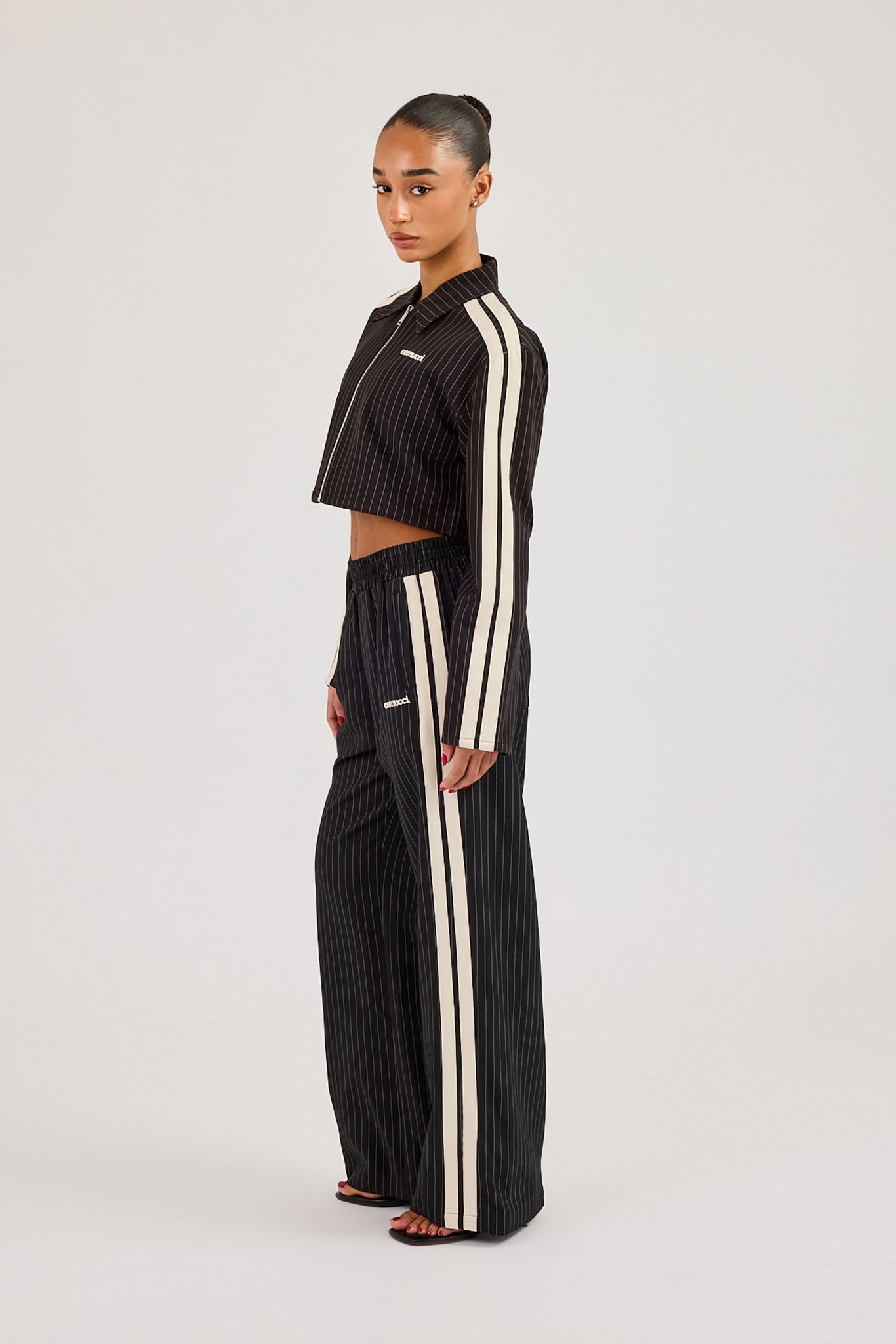 Pinstripe Taping Cropped Harrington Jacket & Wide Leg Jogger - Black
